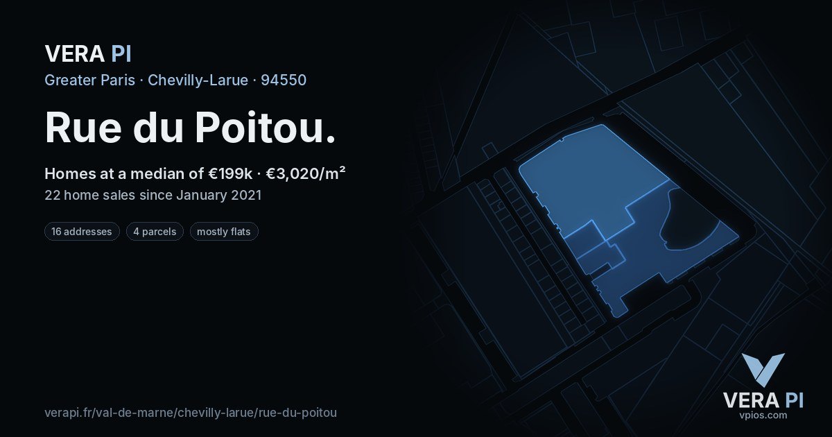 Rue du Poitou, Chevilly-Larue at night – every parcel coloured by the prices around it, the street's own parcels lit