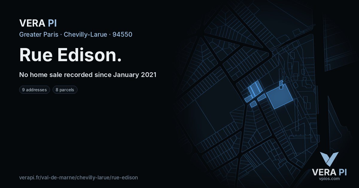 Rue Edison, Chevilly-Larue at night – every parcel coloured by the prices around it, the street's own parcels lit