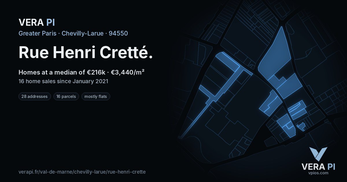 Rue Henri Cretté, Chevilly-Larue at night – every parcel coloured by the prices around it, the street's own parcels lit