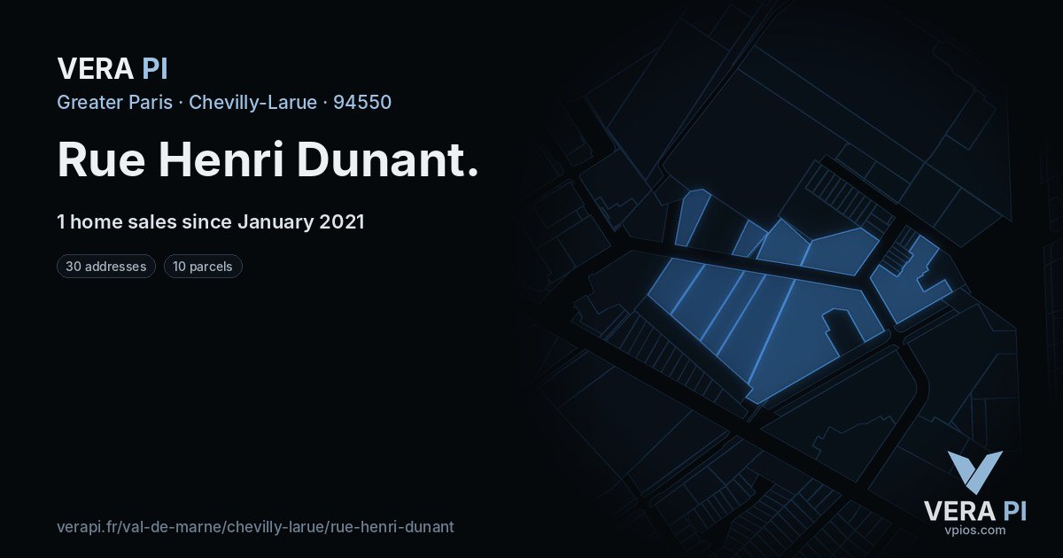 Rue Henri Dunant, Chevilly-Larue at night – every parcel coloured by the prices around it, the street's own parcels lit