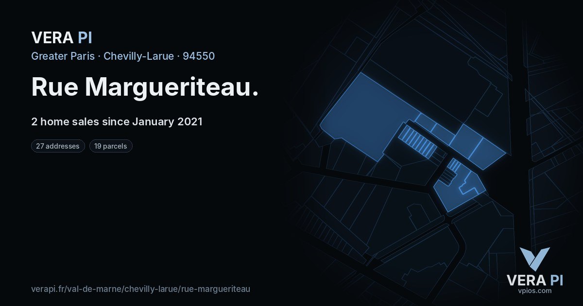 Rue Margueriteau, Chevilly-Larue at night – every parcel coloured by the prices around it, the street's own parcels lit
