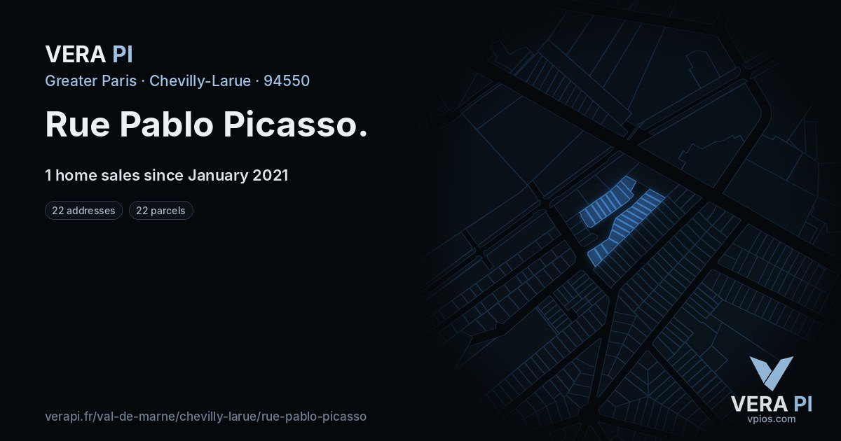 Rue Pablo Picasso, Chevilly-Larue at night – every parcel coloured by the prices around it, the street's own parcels lit