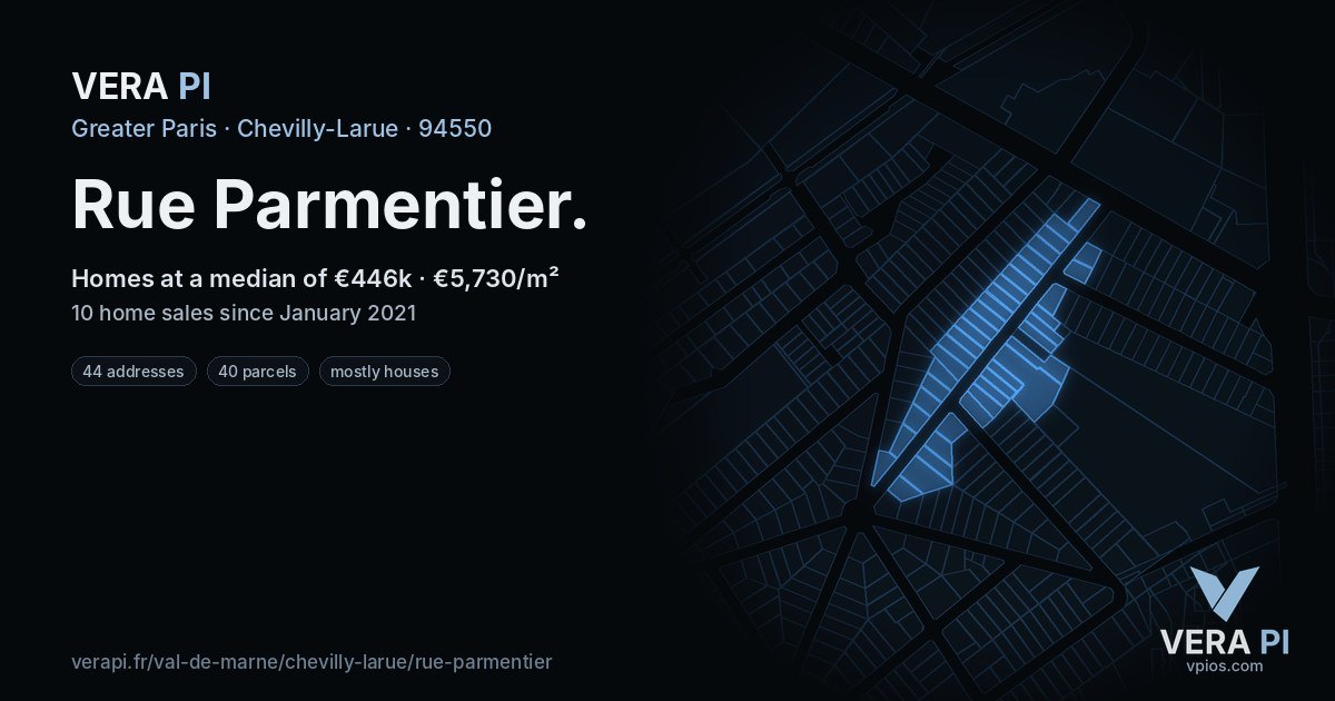 Rue Parmentier, Chevilly-Larue at night – every parcel coloured by the prices around it, the street's own parcels lit