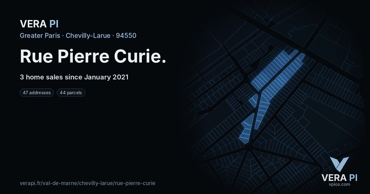 Rue Pierre Curie, Chevilly-Larue at night – every parcel coloured by the prices around it, the street's own parcels lit