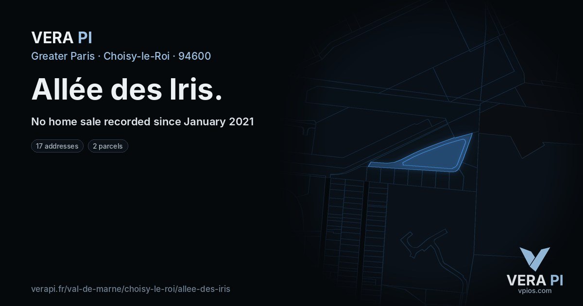 Allée des Iris, Choisy-le-Roi at night – every parcel coloured by the prices around it, the street's own parcels lit