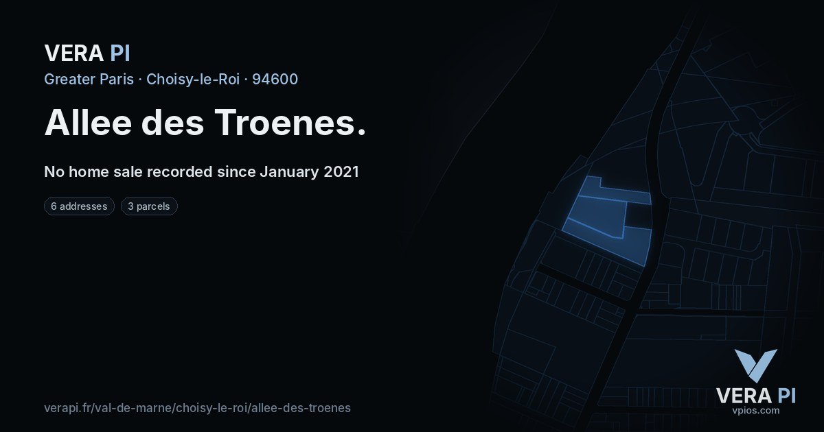 Allee des Troenes, Choisy-le-Roi at night – every parcel coloured by the prices around it, the street's own parcels lit