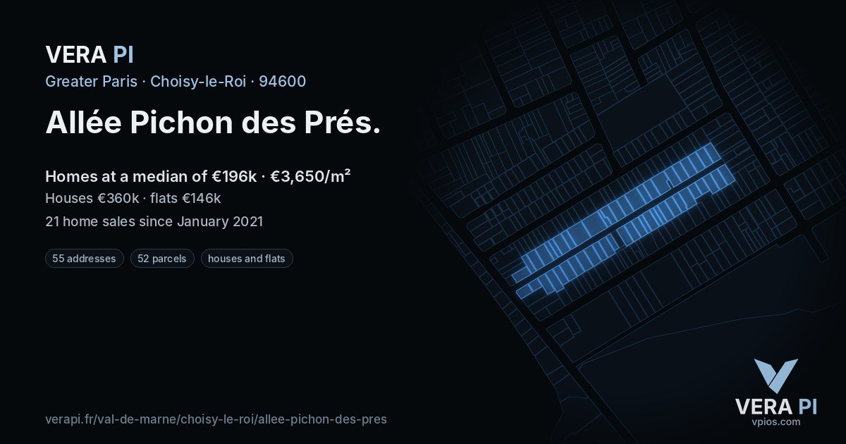 Allée Pichon des Prés, Choisy-le-Roi at night – every parcel coloured by the prices around it, the street's own parcels lit