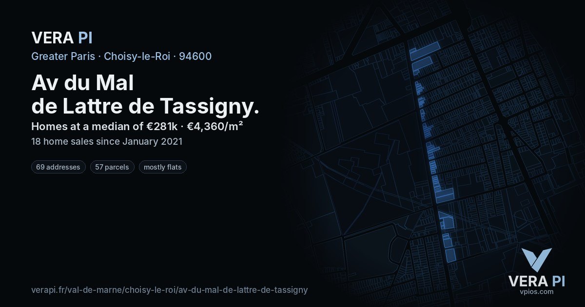 Av du Mal de Lattre de Tassigny, Choisy-le-Roi at night – every parcel coloured by the prices around it, the street's own parcels lit
