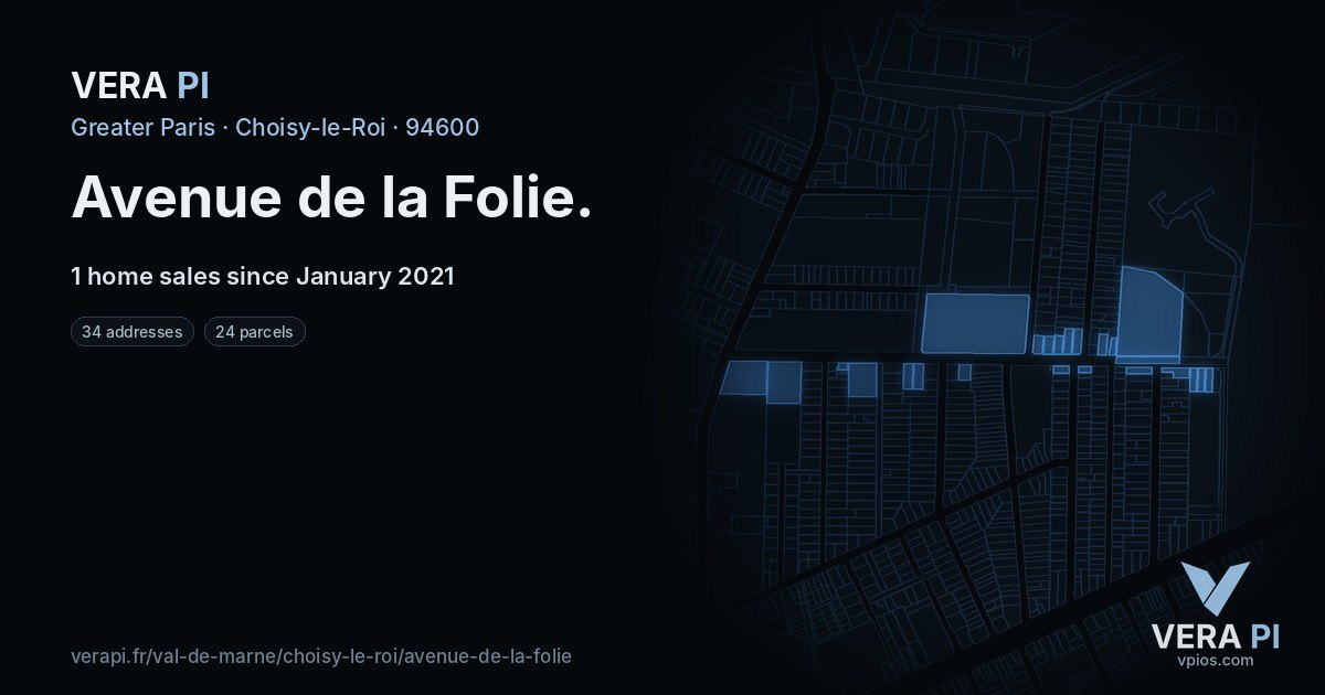 Avenue de la Folie, Choisy-le-Roi at night – every parcel coloured by the prices around it, the street's own parcels lit