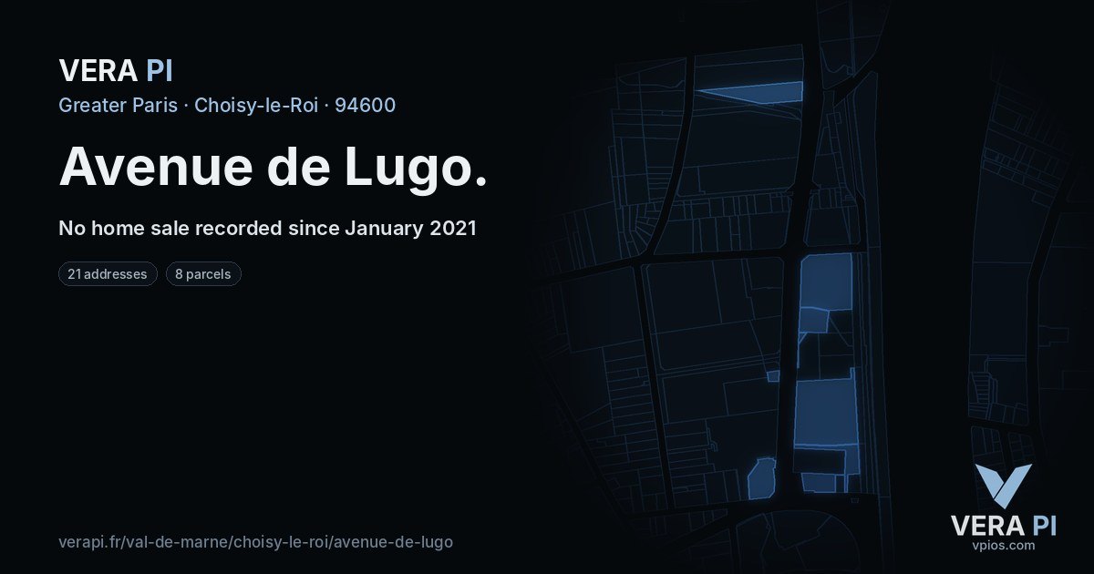 Avenue de Lugo, Choisy-le-Roi at night – every parcel coloured by the prices around it, the street's own parcels lit