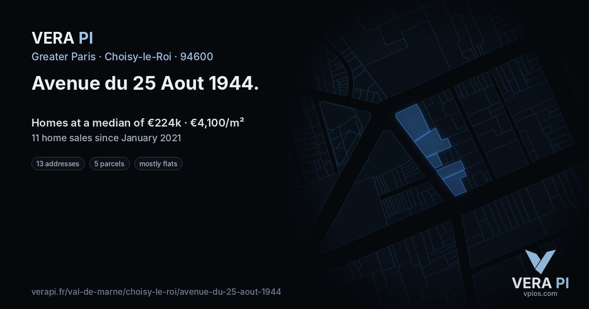Avenue du 25 Aout 1944, Choisy-le-Roi at night – every parcel coloured by the prices around it, the street's own parcels lit