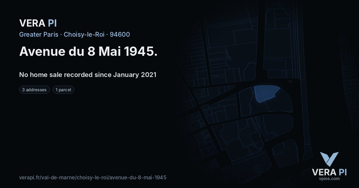 Avenue du 8 Mai 1945, Choisy-le-Roi at night – every parcel coloured by the prices around it, the street's own parcels lit