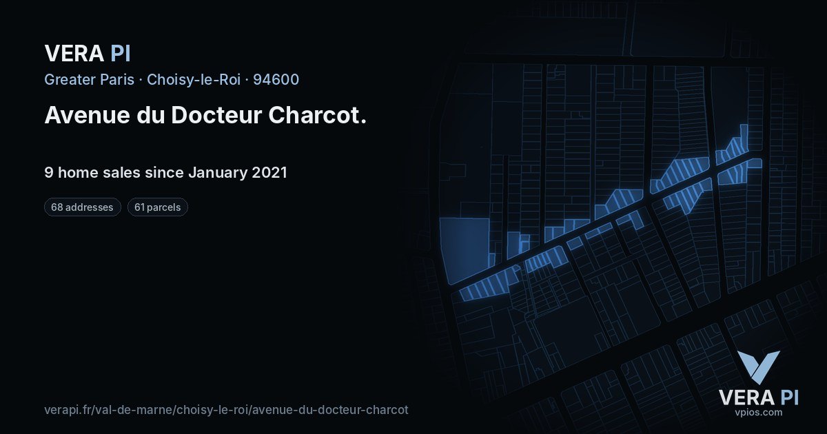 Avenue du Docteur Charcot, Choisy-le-Roi at night – every parcel coloured by the prices around it, the street's own parcels lit