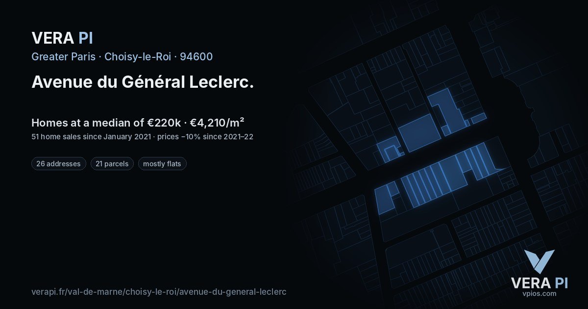 Avenue du Général Leclerc, Choisy-le-Roi at night – every parcel coloured by the prices around it, the street's own parcels lit