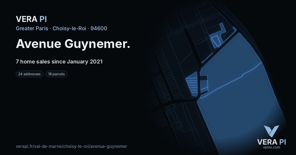Avenue Guynemer, Choisy-le-Roi at night – every parcel coloured by the prices around it, the street's own parcels lit