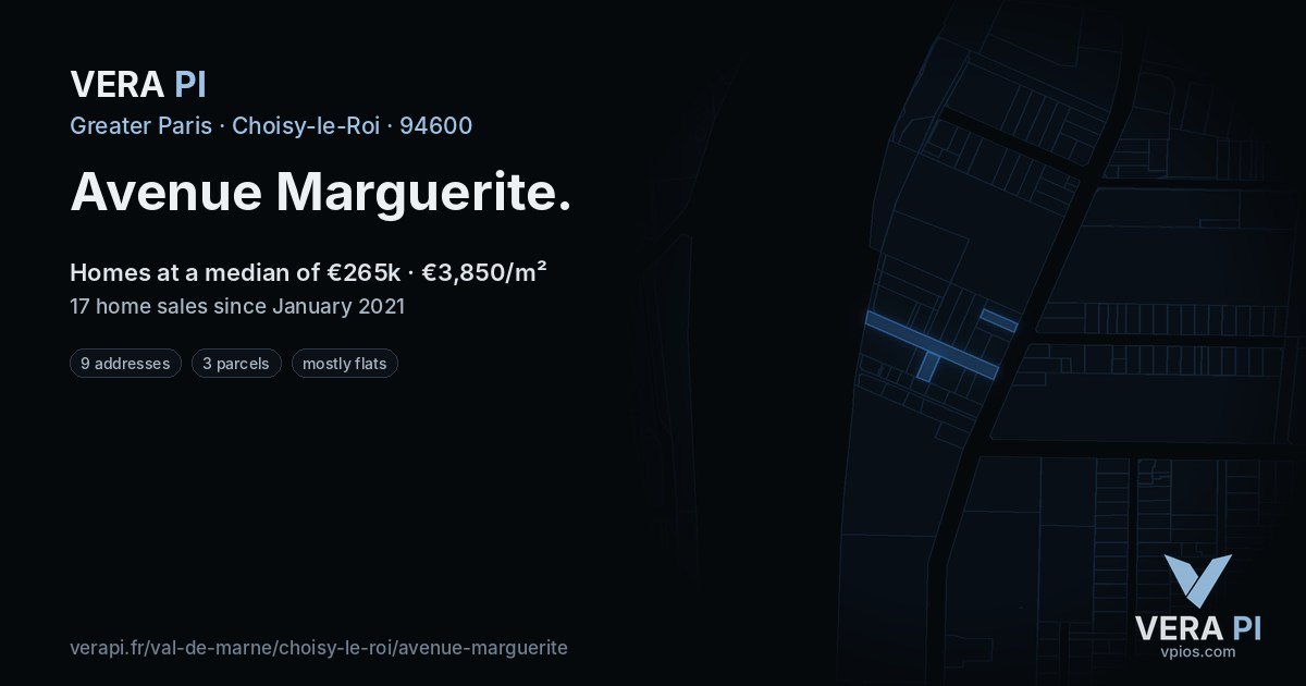Avenue Marguerite, Choisy-le-Roi at night – every parcel coloured by the prices around it, the street's own parcels lit