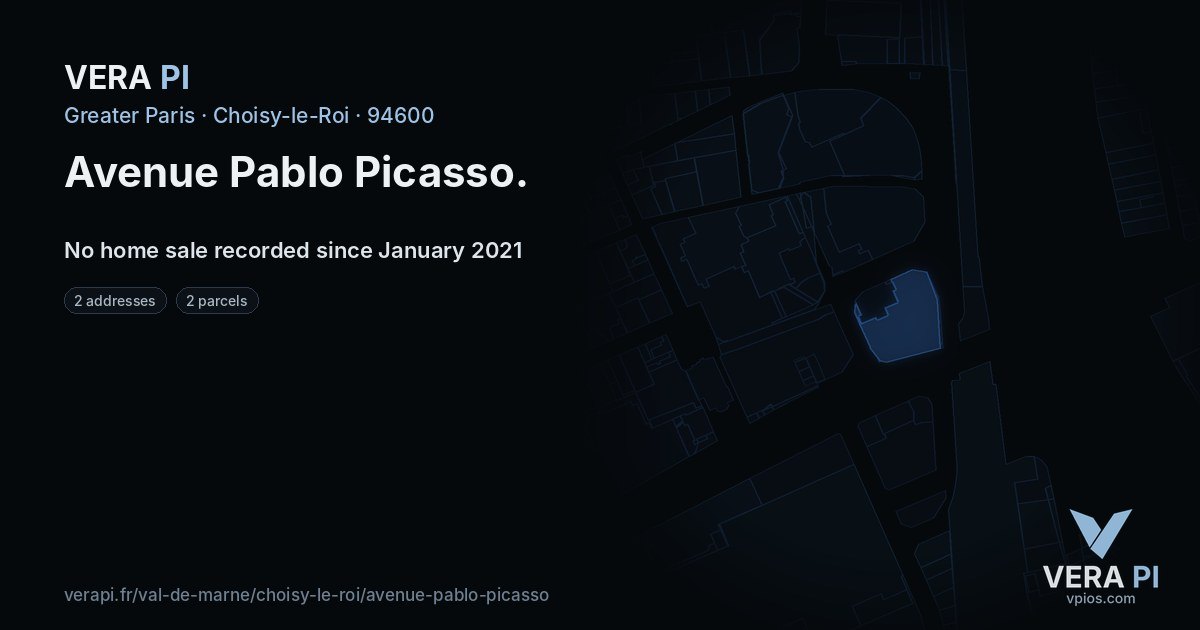 Avenue Pablo Picasso, Choisy-le-Roi at night – every parcel coloured by the prices around it, the street's own parcels lit