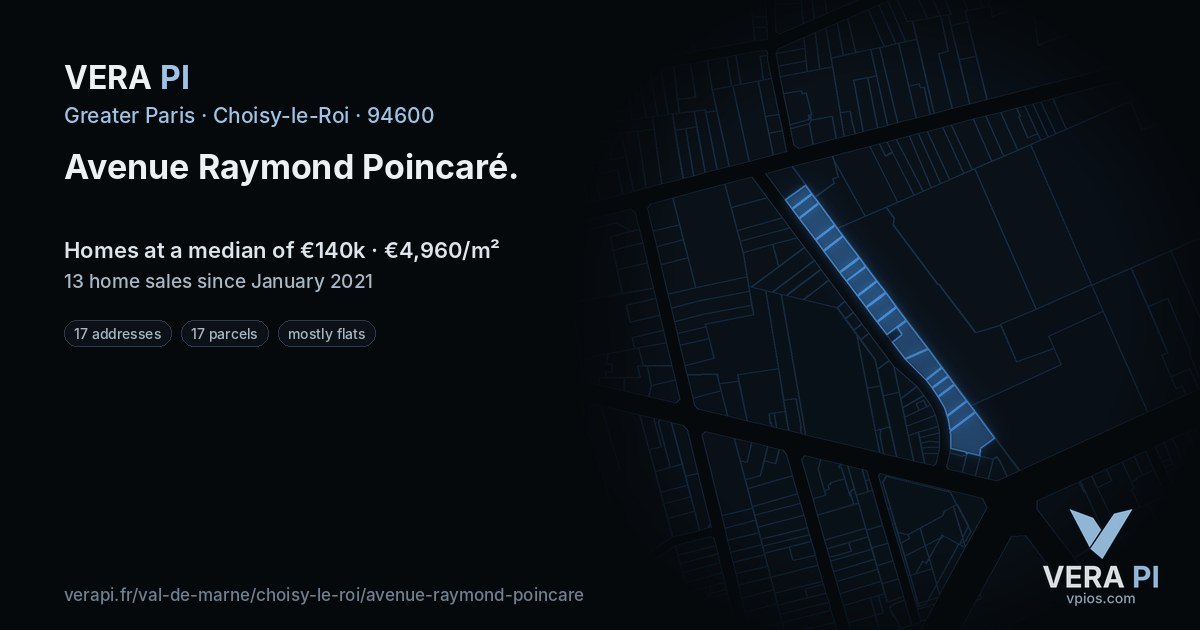Avenue Raymond Poincaré, Choisy-le-Roi at night – every parcel coloured by the prices around it, the street's own parcels lit