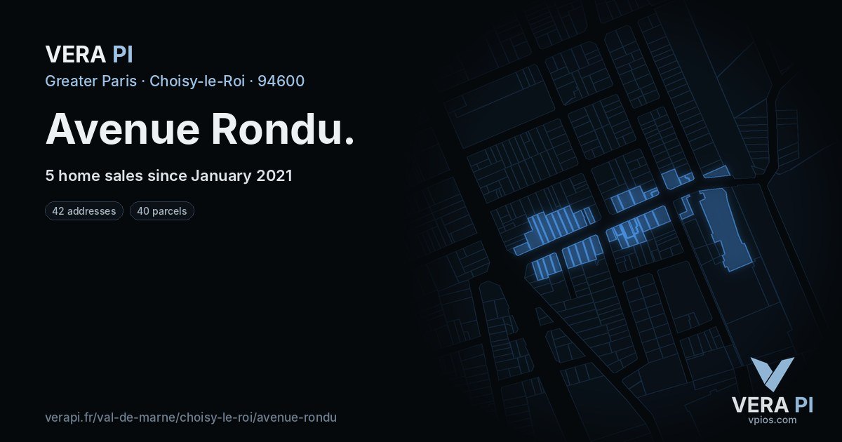 Avenue Rondu, Choisy-le-Roi at night – every parcel coloured by the prices around it, the street's own parcels lit