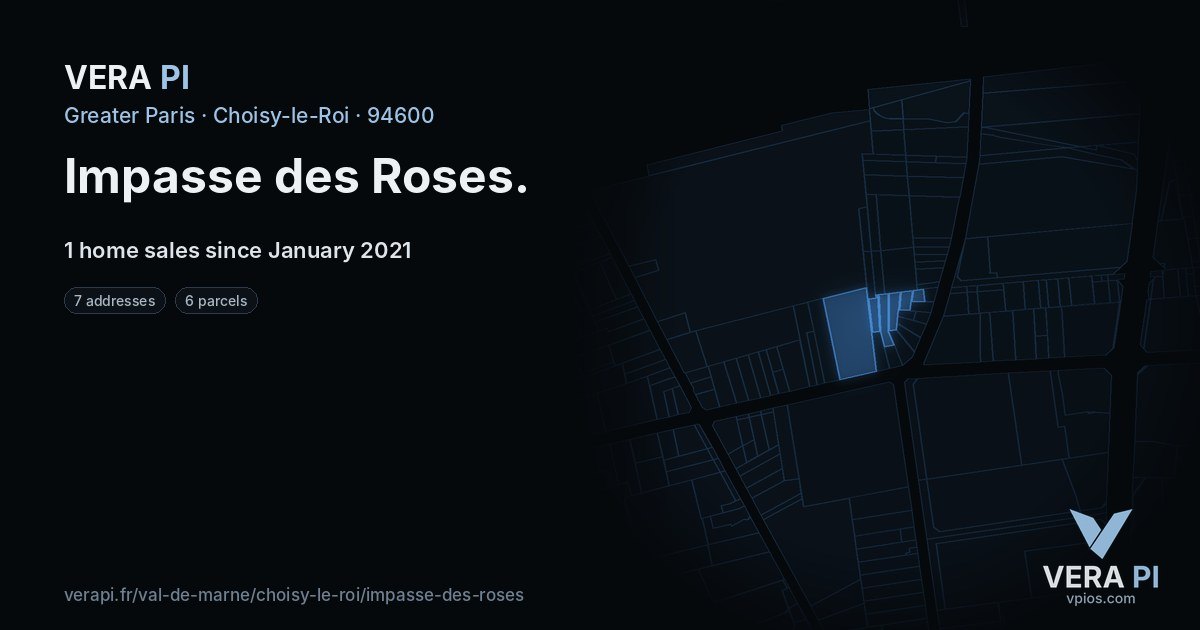 Impasse des Roses, Choisy-le-Roi at night – every parcel coloured by the prices around it, the street's own parcels lit