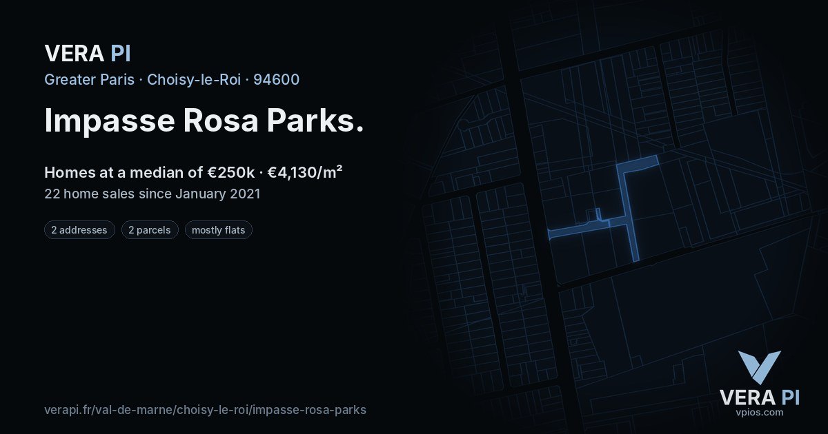 Impasse Rosa Parks, Choisy-le-Roi at night – every parcel coloured by the prices around it, the street's own parcels lit