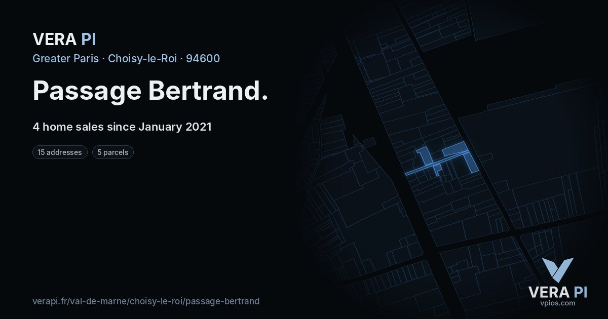 Passage Bertrand, Choisy-le-Roi at night – every parcel coloured by the prices around it, the street's own parcels lit