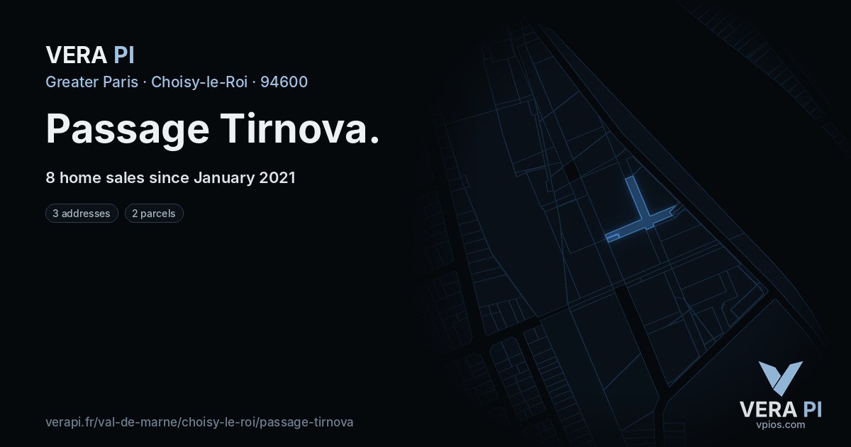 Passage Tirnova, Choisy-le-Roi at night – every parcel coloured by the prices around it, the street's own parcels lit