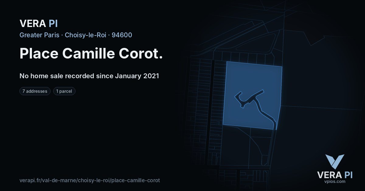 Place Camille Corot, Choisy-le-Roi at night – every parcel coloured by the prices around it, the street's own parcels lit