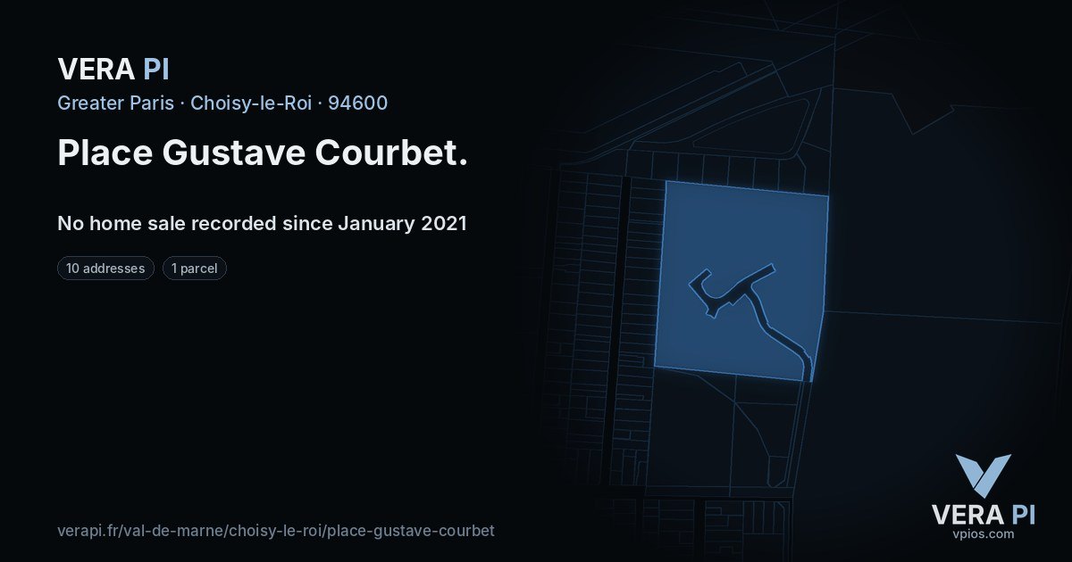 Place Gustave Courbet, Choisy-le-Roi at night – every parcel coloured by the prices around it, the street's own parcels lit