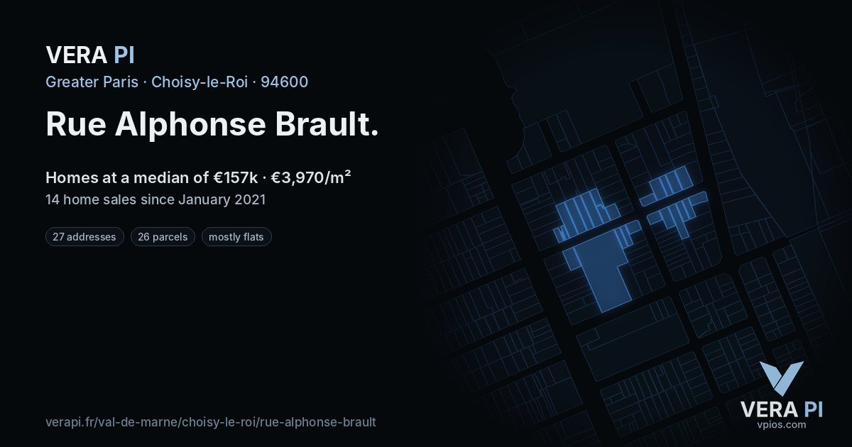 Rue Alphonse Brault, Choisy-le-Roi at night – every parcel coloured by the prices around it, the street's own parcels lit