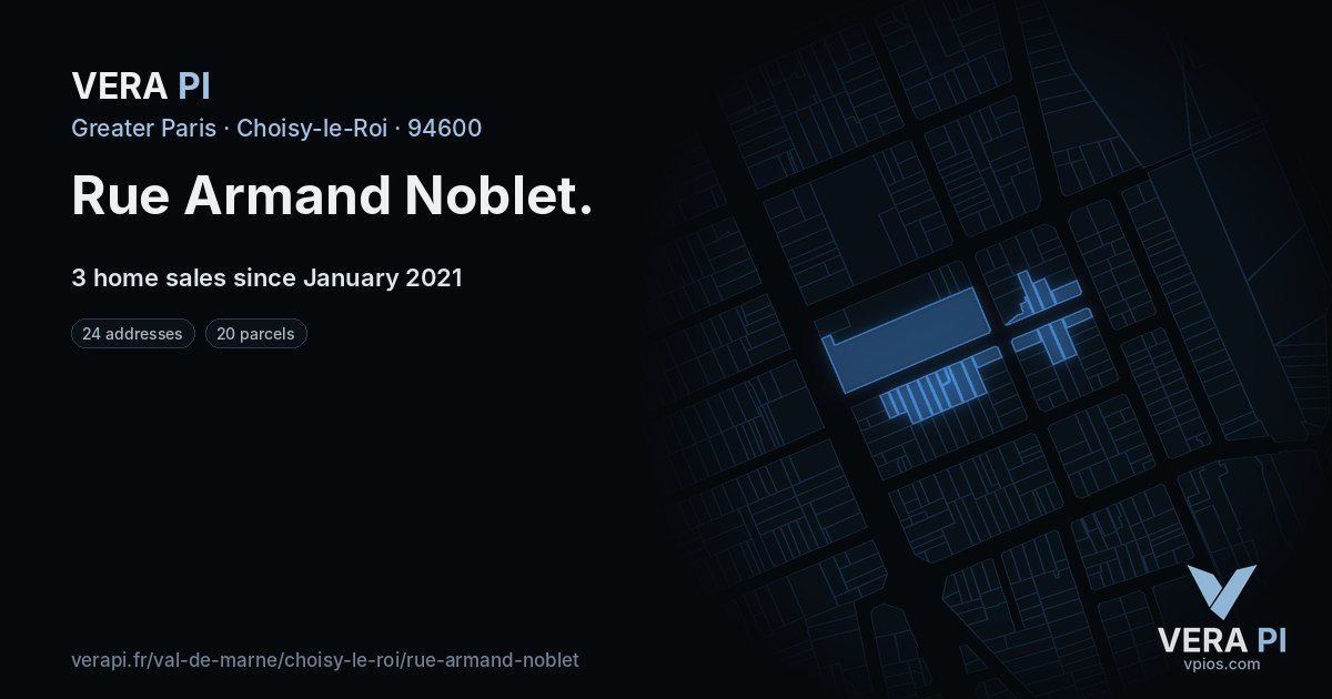 Rue Armand Noblet, Choisy-le-Roi at night – every parcel coloured by the prices around it, the street's own parcels lit