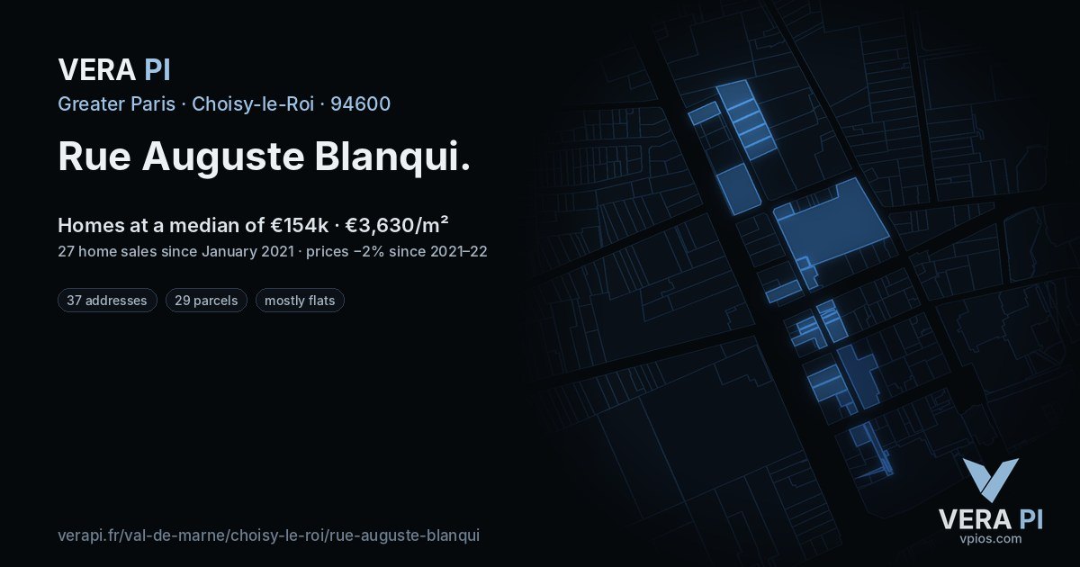 Rue Auguste Blanqui, Choisy-le-Roi at night – every parcel coloured by the prices around it, the street's own parcels lit
