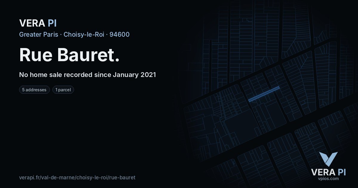 Rue Bauret, Choisy-le-Roi at night – every parcel coloured by the prices around it, the street's own parcels lit