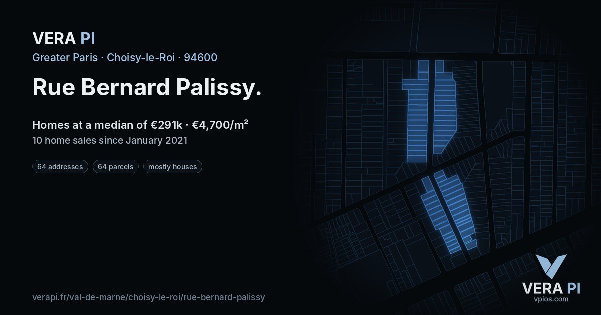 Rue Bernard Palissy, Choisy-le-Roi at night – every parcel coloured by the prices around it, the street's own parcels lit