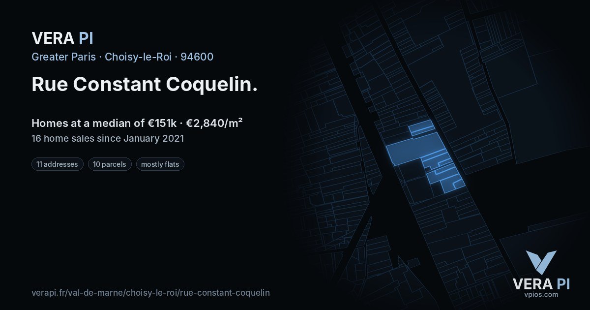 Rue Constant Coquelin, Choisy-le-Roi at night – every parcel coloured by the prices around it, the street's own parcels lit
