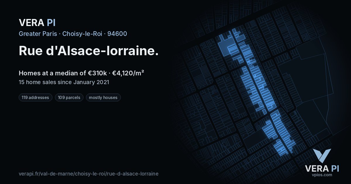 Rue d'Alsace-lorraine, Choisy-le-Roi at night – every parcel coloured by the prices around it, the street's own parcels lit