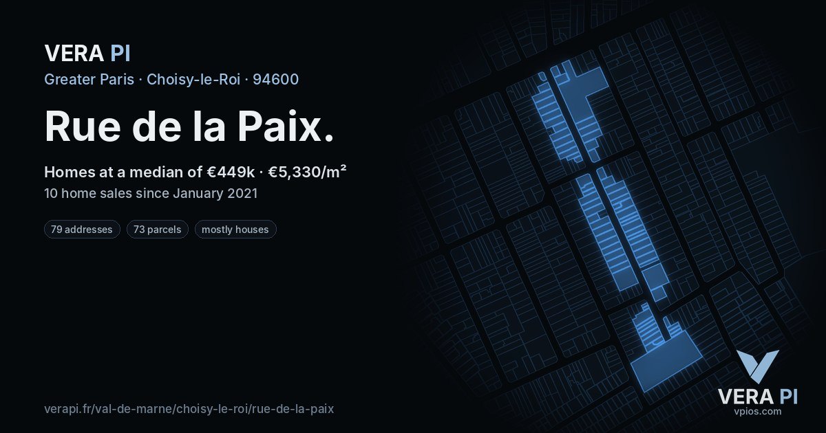 Rue de la Paix, Choisy-le-Roi at night – every parcel coloured by the prices around it, the street's own parcels lit
