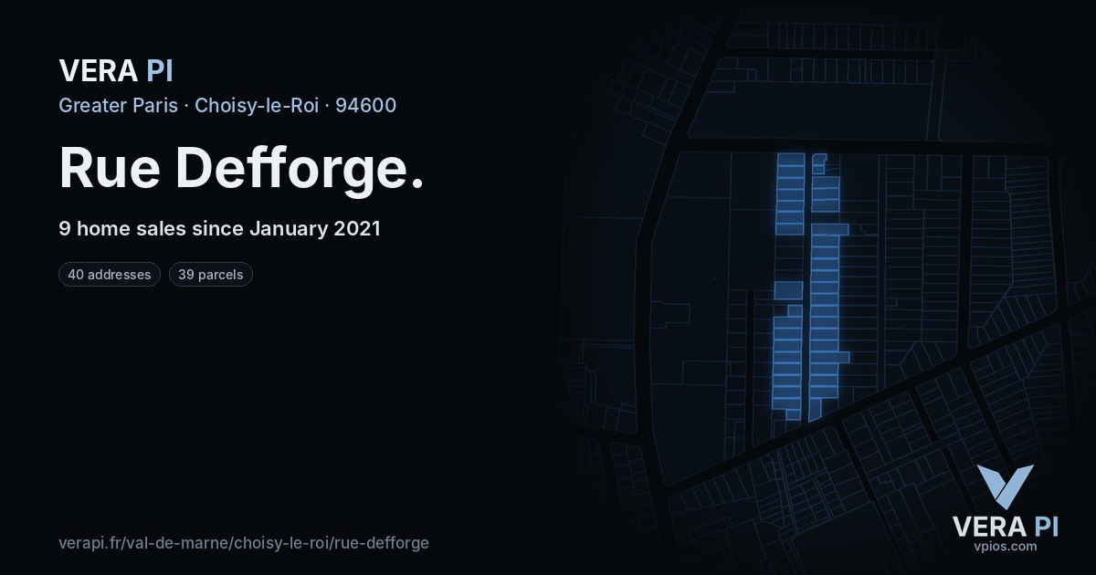 Rue Defforge, Choisy-le-Roi at night – every parcel coloured by the prices around it, the street's own parcels lit
