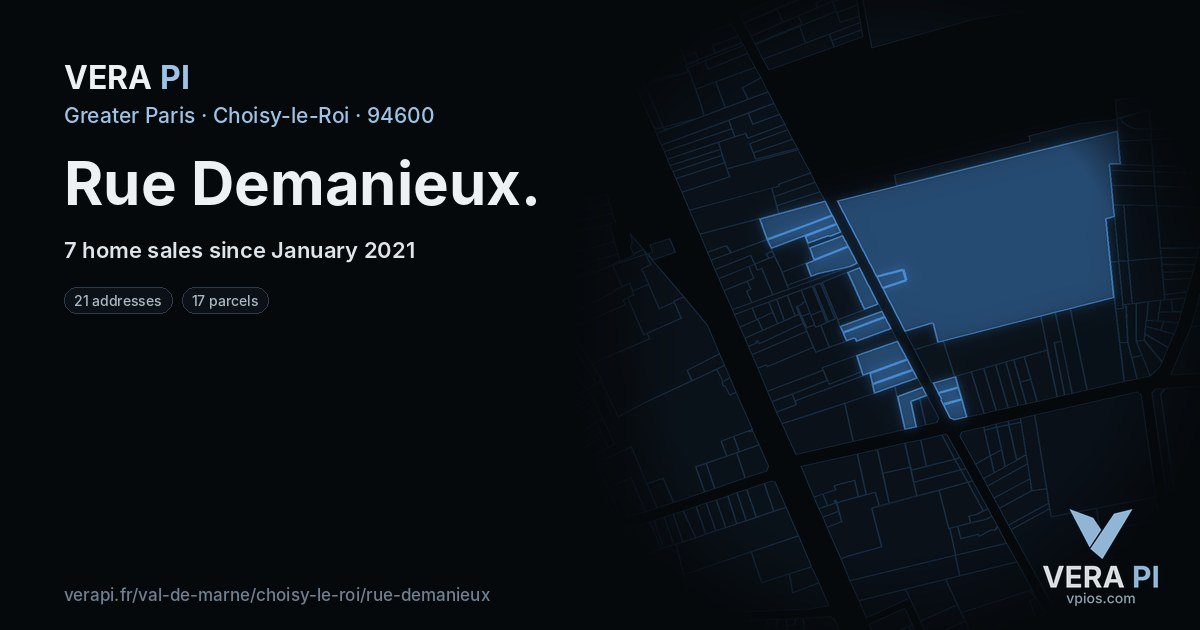 Rue Demanieux, Choisy-le-Roi at night – every parcel coloured by the prices around it, the street's own parcels lit