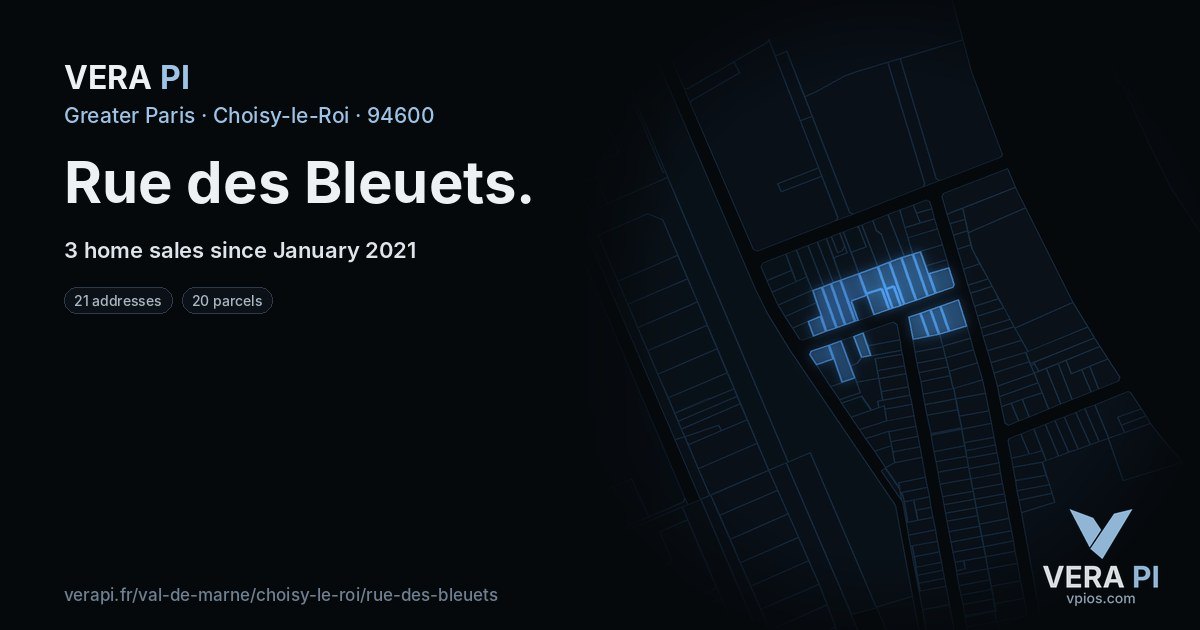 Rue des Bleuets, Choisy-le-Roi at night – every parcel coloured by the prices around it, the street's own parcels lit