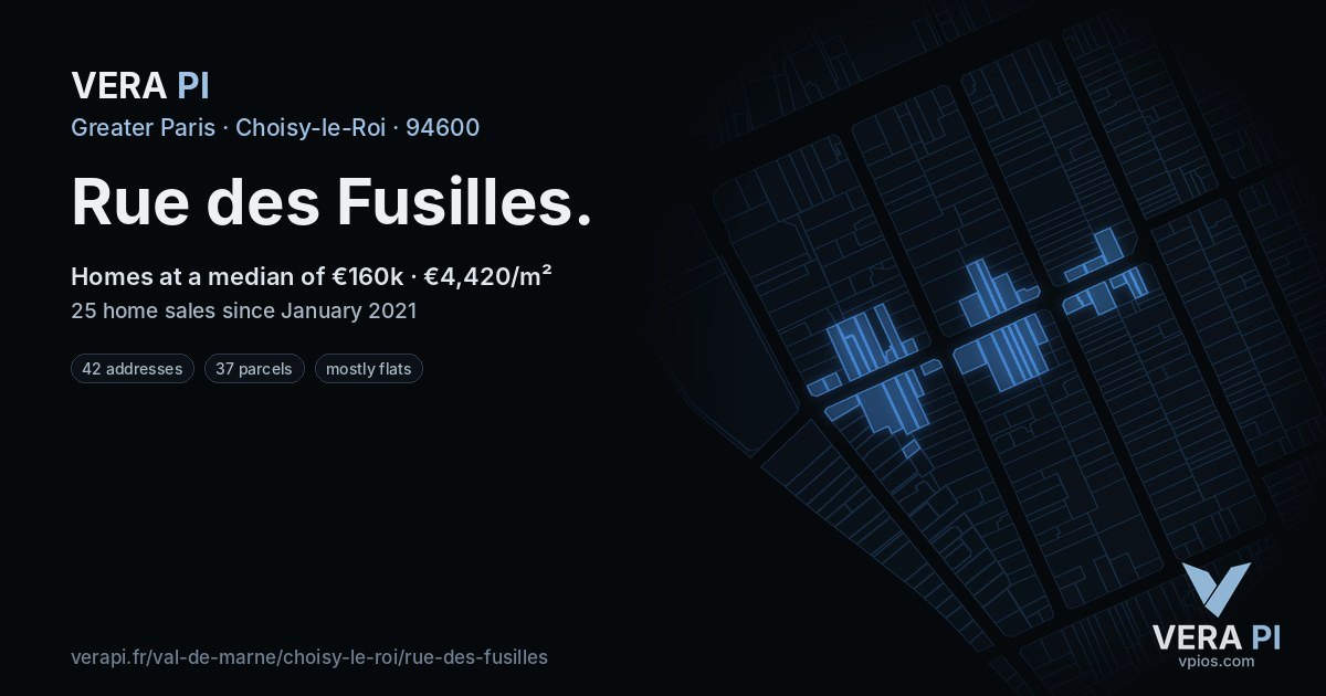 Rue des Fusilles, Choisy-le-Roi at night – every parcel coloured by the prices around it, the street's own parcels lit