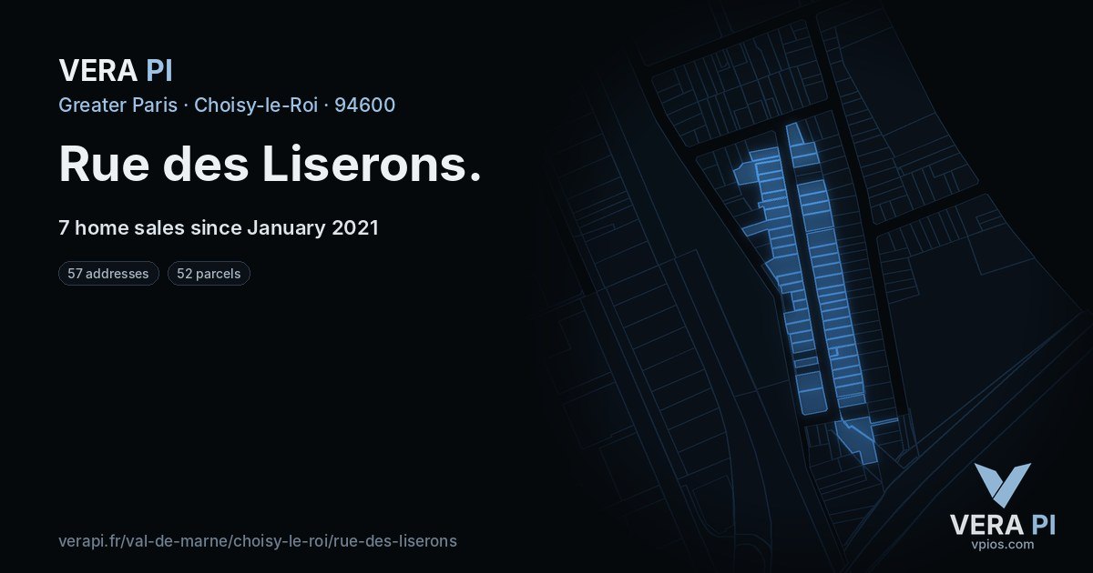 Rue des Liserons, Choisy-le-Roi at night – every parcel coloured by the prices around it, the street's own parcels lit