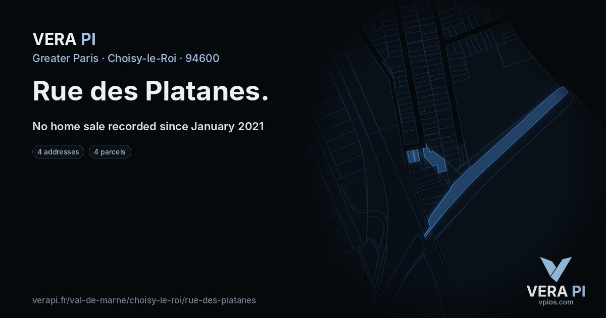 Rue des Platanes, Choisy-le-Roi at night – every parcel coloured by the prices around it, the street's own parcels lit