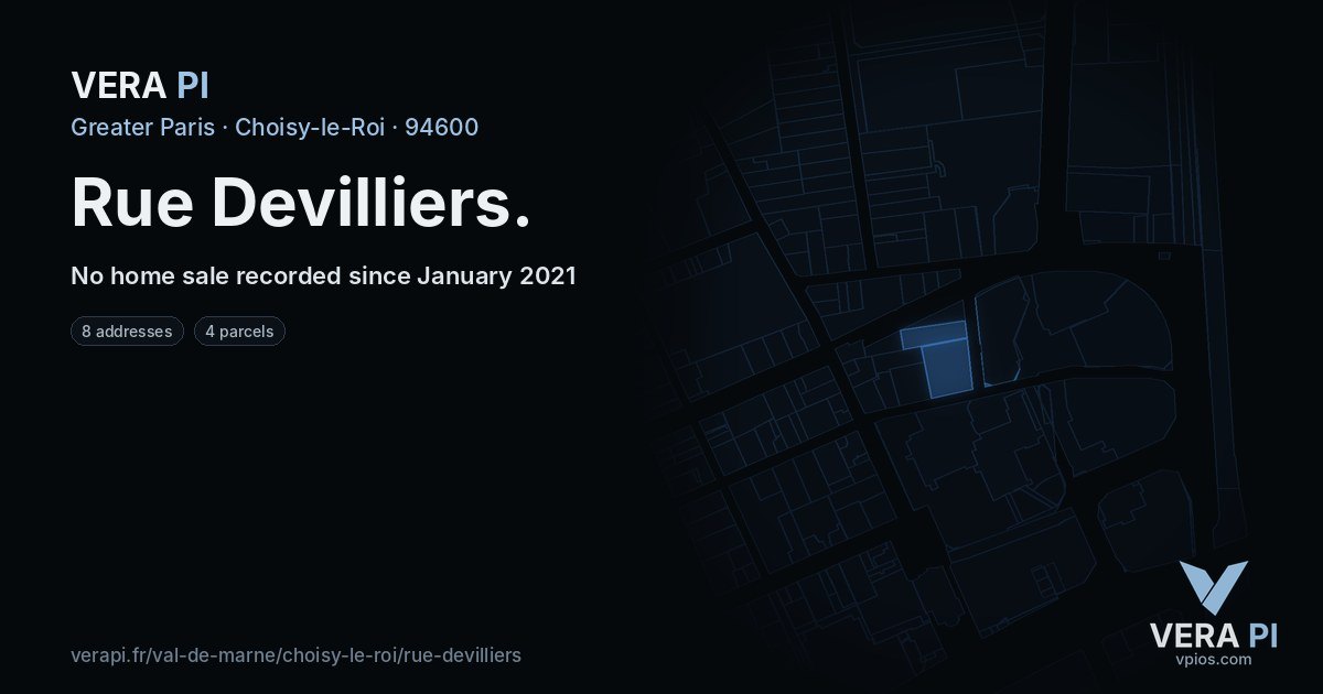 Rue Devilliers, Choisy-le-Roi at night – every parcel coloured by the prices around it, the street's own parcels lit