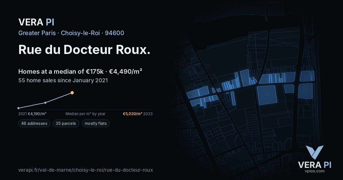 Rue du Docteur Roux, Choisy-le-Roi at night – every parcel coloured by the prices around it, the street's own parcels lit