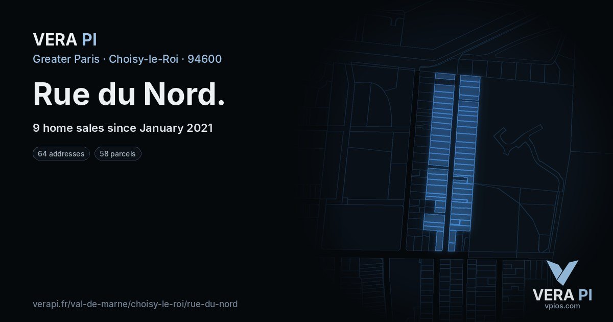 Rue du Nord, Choisy-le-Roi at night – every parcel coloured by the prices around it, the street's own parcels lit