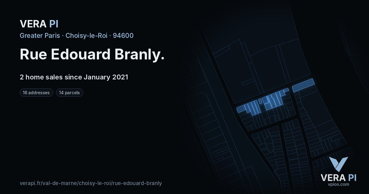 Rue Edouard Branly, Choisy-le-Roi at night – every parcel coloured by the prices around it, the street's own parcels lit
