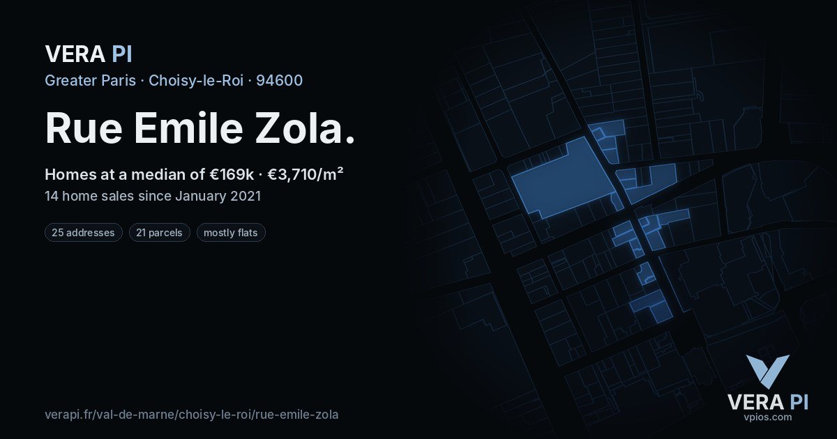 Rue Emile Zola, Choisy-le-Roi at night – every parcel coloured by the prices around it, the street's own parcels lit