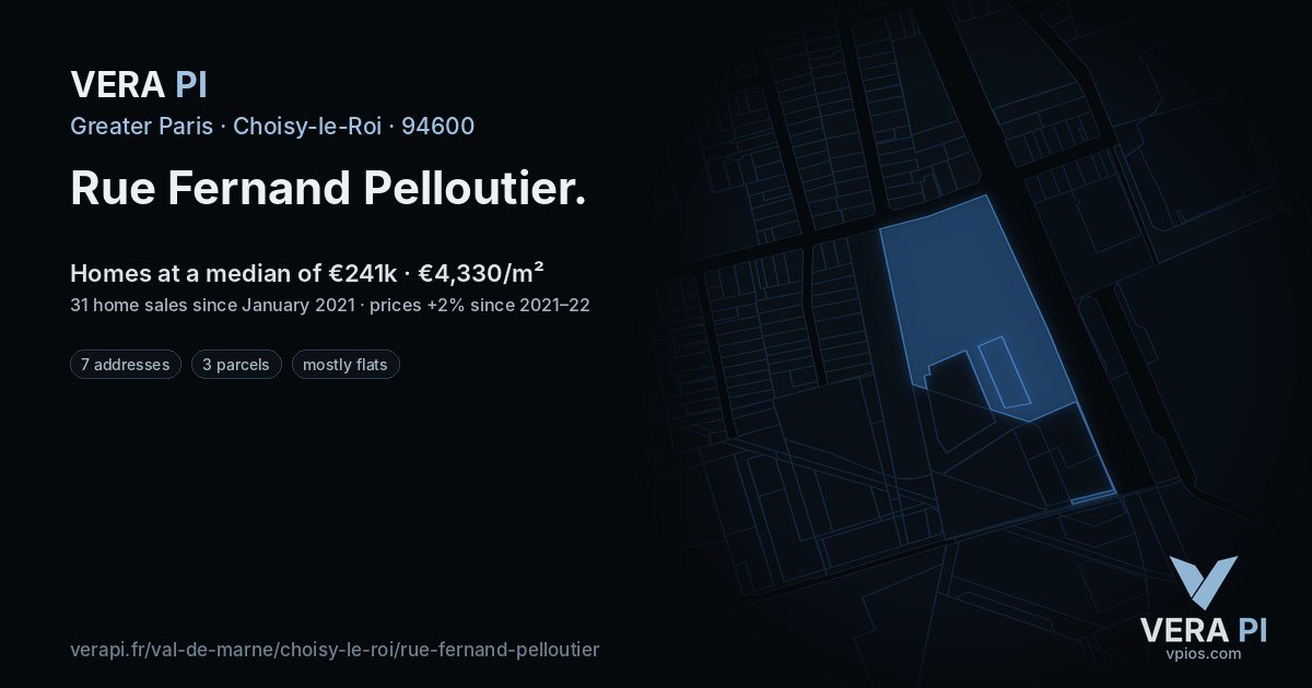 Rue Fernand Pelloutier, Choisy-le-Roi at night – every parcel coloured by the prices around it, the street's own parcels lit