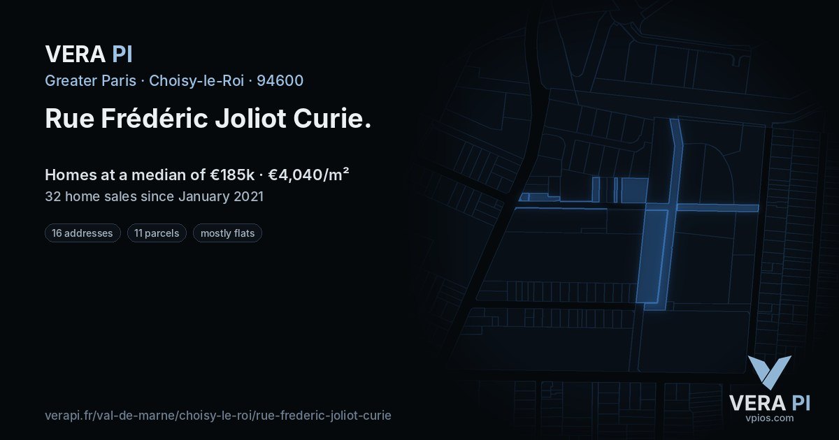 Rue Frédéric Joliot Curie, Choisy-le-Roi at night – every parcel coloured by the prices around it, the street's own parcels lit